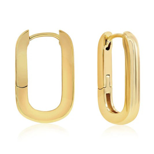 Gold rectangular hoop earrings with a shiny finish and a hinge closure.