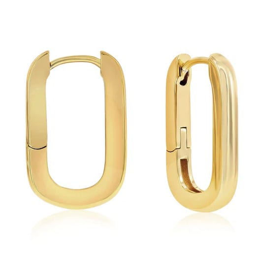 Gold rectangular hoop earrings with a shiny finish and a hinge closure.