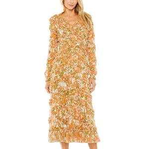 A long-sleeved, floral-patterned dress in shades of peach and orange with a V-neckline and a pleated hem.