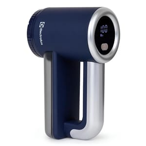 A blue and silver Electrolux fabric shaver and lint remover with a sleek design, featuring an ergonomic handle and an LED display for settings.