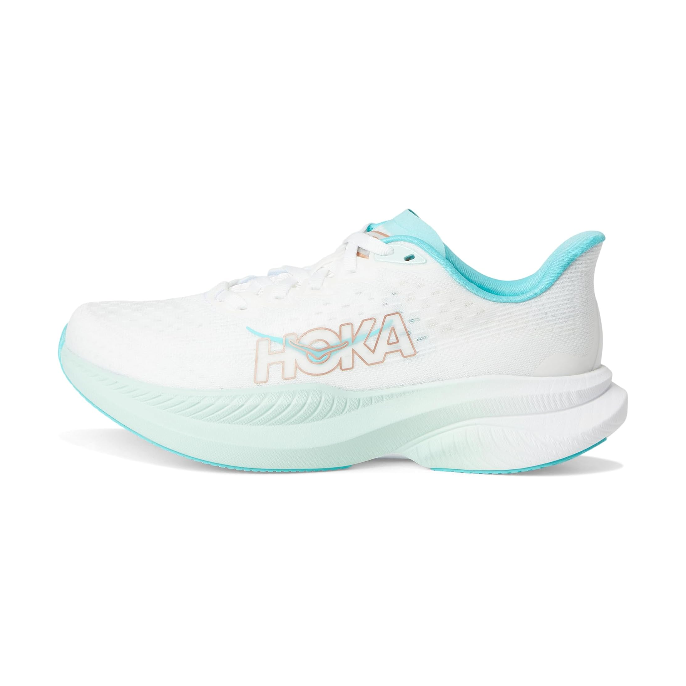 White and turquoise Hoka running shoe with a thick cushioned sole, featuring the Hoka logo on the side.