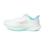 White and turquoise Hoka running shoe with a thick cushioned sole, featuring the Hoka logo on the side.
