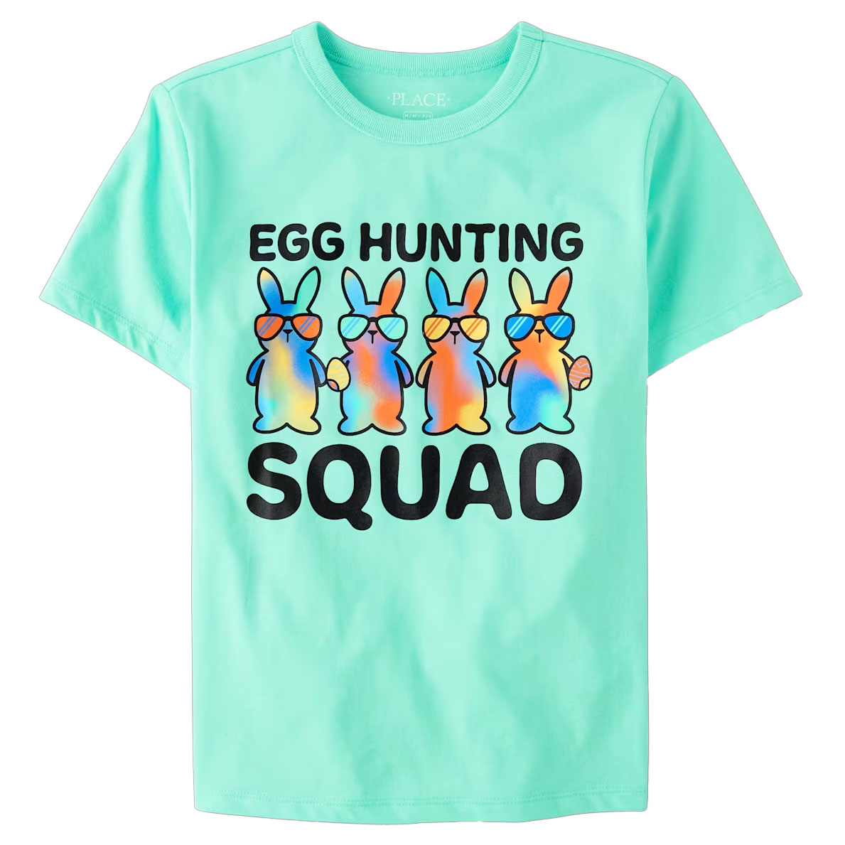 Mint green T-shirt featuring colorful bunnies wearing sunglasses, holding eggs, with the text \“Egg Hunting Squad.\“