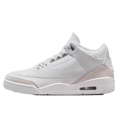 White athletic shoe with a high-top design and subtle textured accents, featuring a visible air cushion in the midsole.