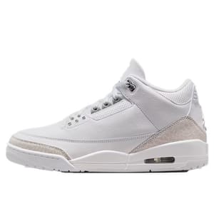 White athletic shoe with a high-top design and subtle textured accents, featuring a visible air cushion in the midsole.