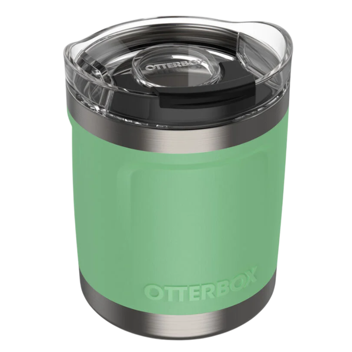 A mint green OtterBox tumbler with a clear lid and stainless steel accents.