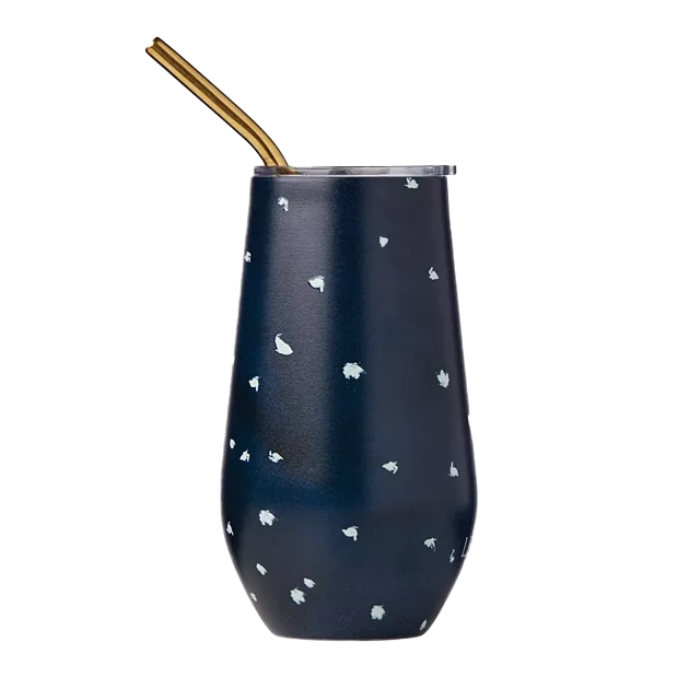 This is a 16oz Lenox wine tumbler with a matte black finish and small white speckled pattern, accompanied by a golden metal straw.