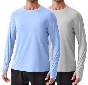 Two men's long sleeve workout shirts, one light blue and the other light gray, with a simple design and crew neck. They are paired with black shorts and made of lightweight, breathable fabric.