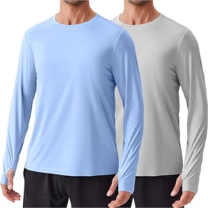 Two men's long sleeve workout shirts, one light blue and the other light gray, with a simple design and crew neck. They are paired with black shorts and made of lightweight, breathable fabric.
