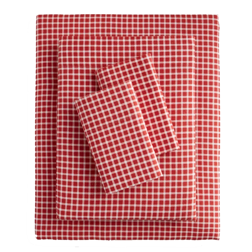 The Charter Club Cotton Flannel Sheet Set features a red and white checkered pattern, including a flat sheet, fitted sheet, and pillowcases, made from soft, warm cotton flannel fabric.