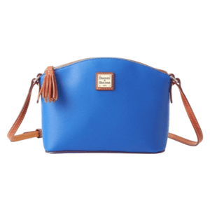 A blue Dooney & Bourke crossbody bag with brown leather straps and a tassel detail.