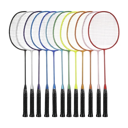 A set of colorful badminton rackets arranged in a row, transitioning through the colors of the rainbow.