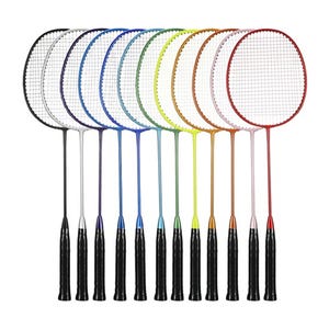 A set of colorful badminton rackets arranged in a row, transitioning through the colors of the rainbow.