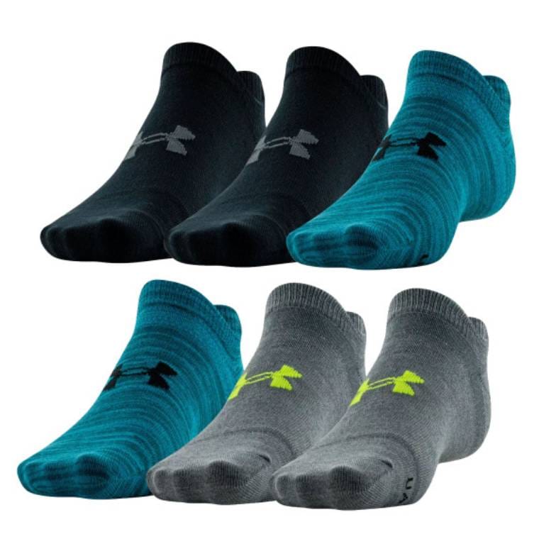Six pairs of ankle socks in black, teal, and gray with contrasting logos on the ankles.