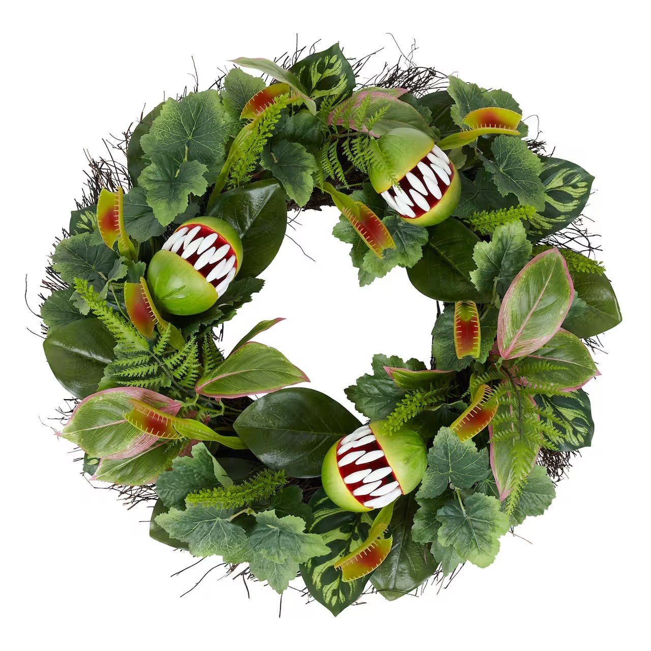 A 24-inch wreath featuring an assortment of greenery and large, red-trimmed Venus flytrap decorations.