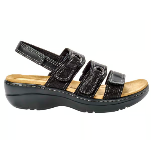 A black sandal with three adjustable straps and a slingback, featuring a cushioned sole and subtle stitching details.