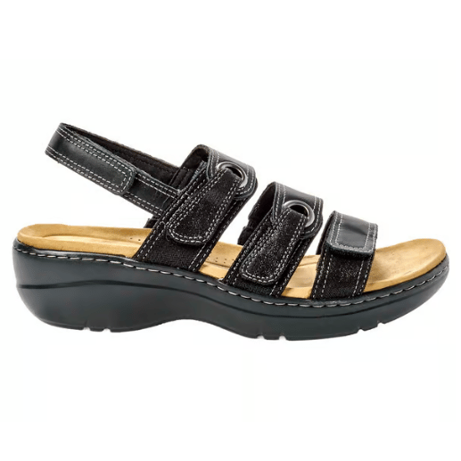 A black sandal with three adjustable straps and a slingback, featuring a cushioned sole and subtle stitching details.