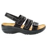 A black sandal with three adjustable straps and a slingback, featuring a cushioned sole and subtle stitching details.