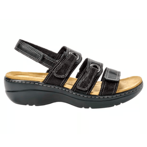 A black sandal with three adjustable straps and a slingback, featuring a cushioned sole and subtle stitching details.