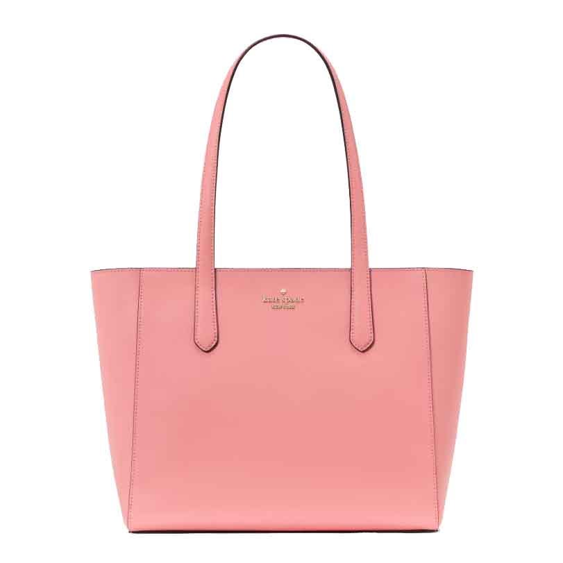 A pink leather tote bag with two handles and a minimalist design.