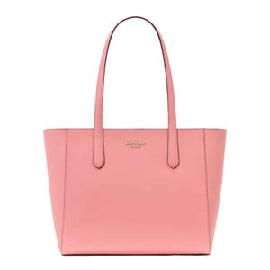 A pink leather tote bag with two handles and a minimalist design.