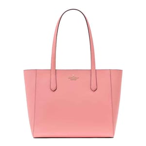 A pink leather tote bag with two handles and a minimalist design.