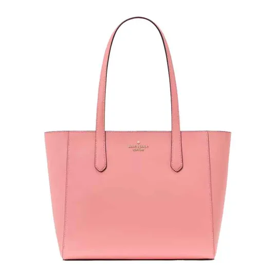 A pink leather tote bag with two handles and a minimalist design.