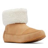 A tan suede boot with a cozy white shearling cuff and a textured rubber sole.