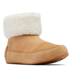 A tan suede boot with a cozy white shearling cuff and a textured rubber sole.