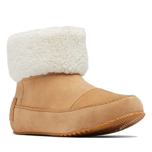A tan suede boot with a cozy white shearling cuff and a textured rubber sole.