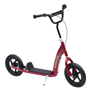 A red kick scooter with large black wheels, a black deck, and curved handlebars featuring hand grips and a brake lever, suitable for smooth rides on various terrains.