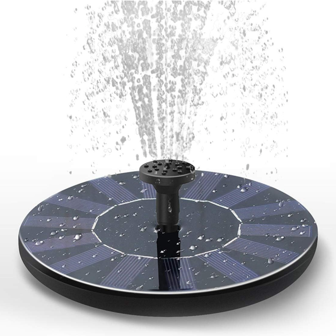 A floating solar-powered water fountain with a circular solar panel and a nozzle spraying water upwards.