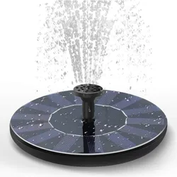 A floating solar-powered water fountain with a circular solar panel and a nozzle spraying water upwards.