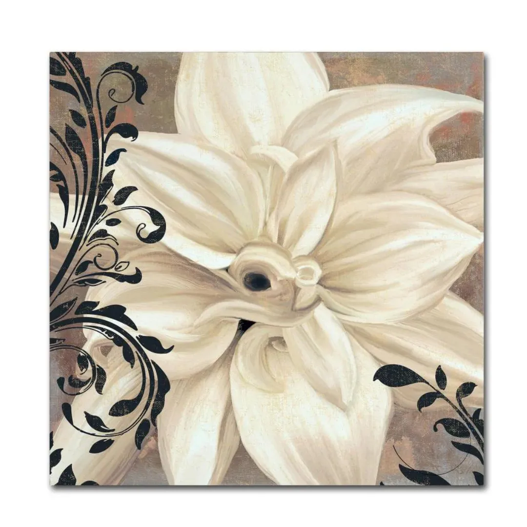 A square canvas print featuring a large, monochromatic floral design with ornate black swirls on the left side, presenting an elegant contrast.
