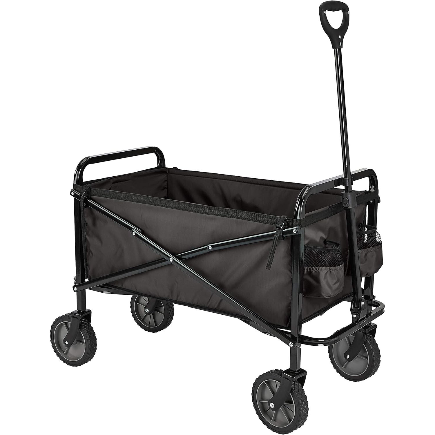 Amazon Basics Folding Utility Wagon in black features a collapsible design, a handle for easy pulling, and four wheels for transport. It includes side compartments for additional storage.