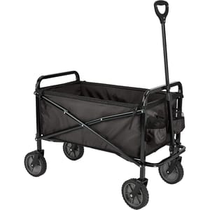 Amazon Basics Folding Utility Wagon in black features a collapsible design, a handle for easy pulling, and four wheels for transport. It includes side compartments for additional storage.