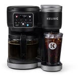 A Keurig K-Duo Gen 2 Coffee Maker, featuring a digital display and separate modules for carafe and single-serve brewing, along with a travel mug and tumbler.