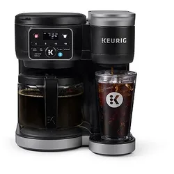 A Keurig K-Duo Gen 2 Coffee Maker, featuring a digital display and separate modules for carafe and single-serve brewing, along with a travel mug and tumbler.