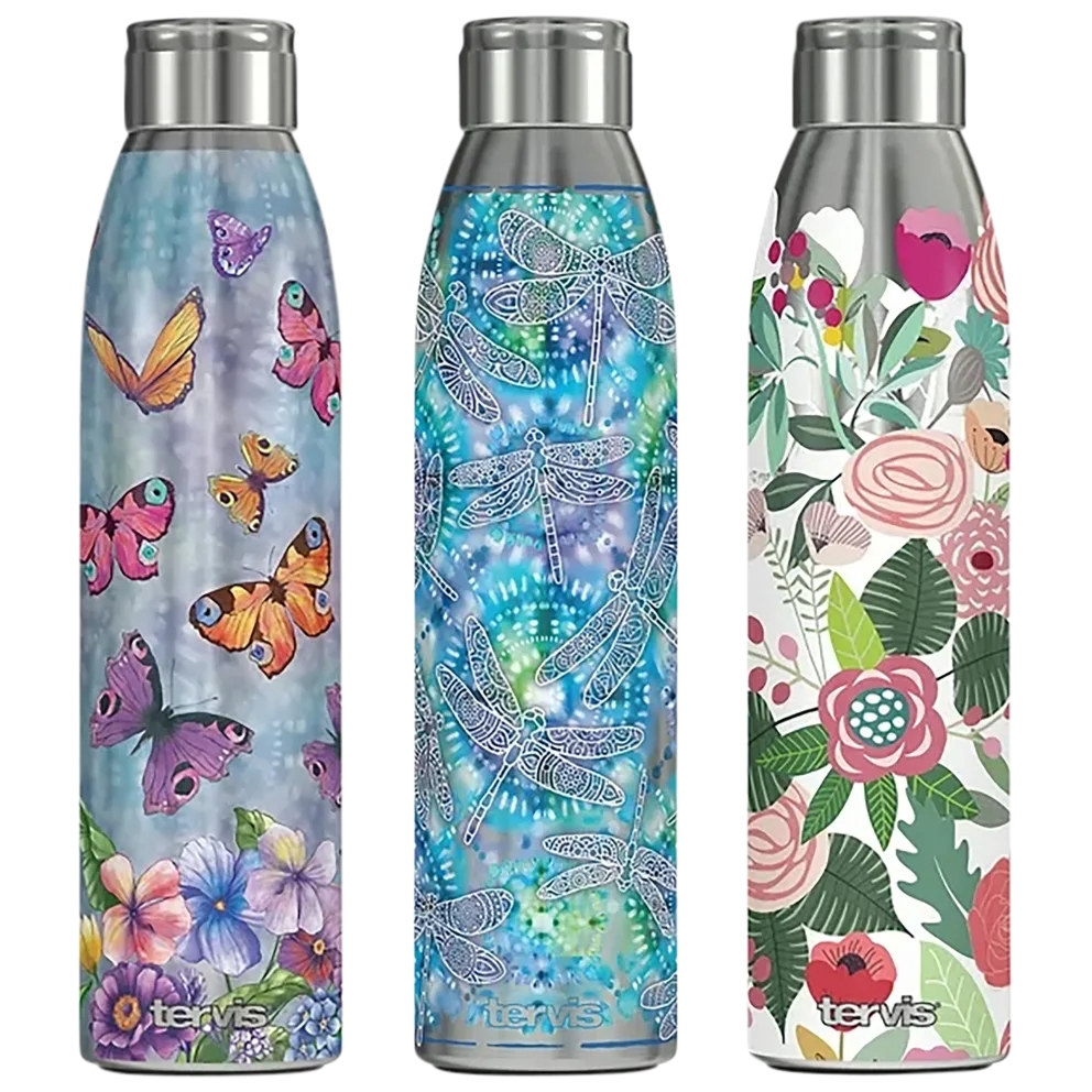 Three Tervis stainless steel water bottles with floral and nature-inspired designs. The first features butterflies and flowers, the second has dragonflies on a blue background, and the third displays a variety of colorful flowers and leaves.