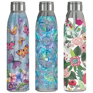 Three Tervis stainless steel water bottles with floral and nature-inspired designs. The first features butterflies and flowers, the second has dragonflies on a blue background, and the third displays a variety of colorful flowers and leaves.