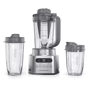 Ninja blender set with a base, large blending jar, and two personal blending cups, featuring digital controls and labeled for \“Total Texture Control.\“