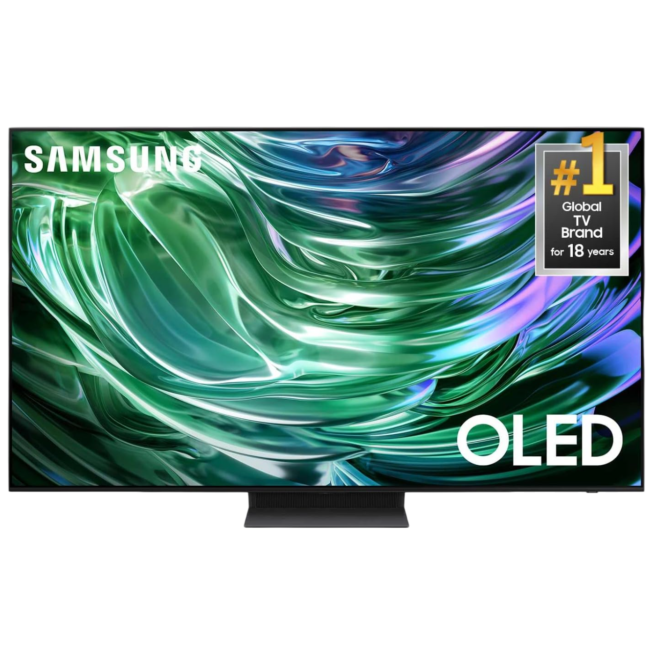 Samsung OLED TV with a swirling green and blue abstract display, featuring a badge stating \“#1 Global TV Brand for 18 years.\“