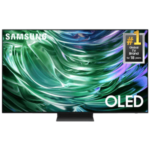 Samsung OLED TV with a swirling green and blue abstract display, featuring a badge stating \“#1 Global TV Brand for 18 years.\“