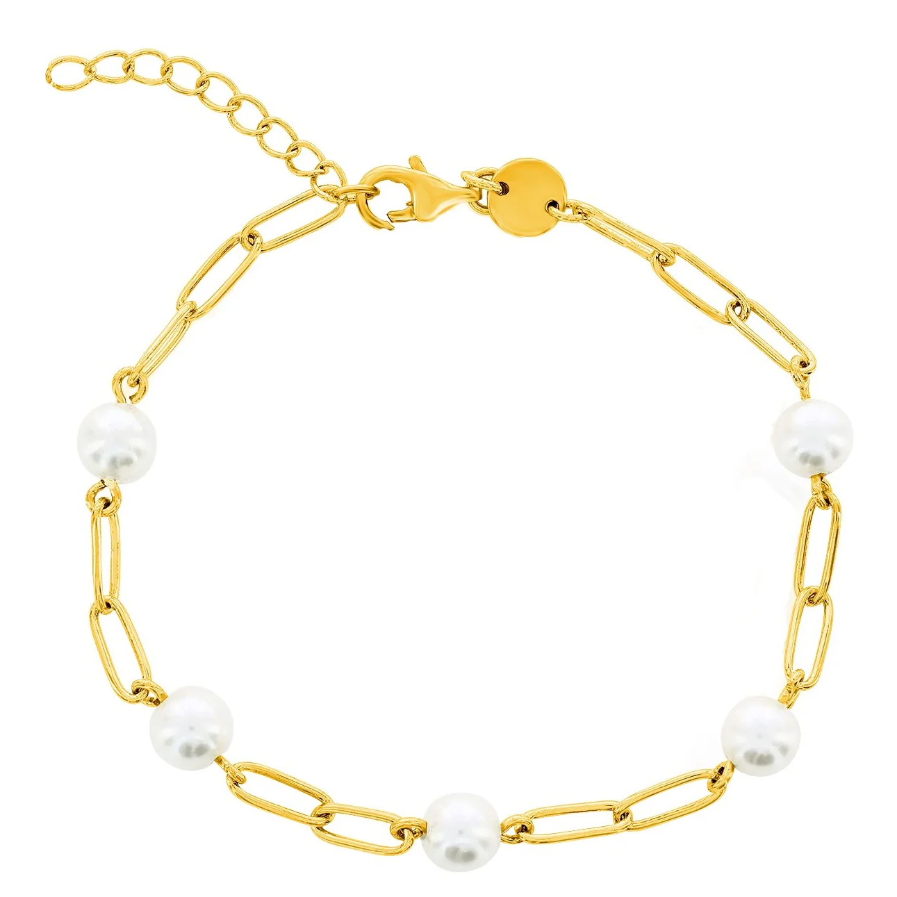 Gold chain bracelet with five evenly spaced pearls, featuring a lobster clasp and an adjustable extension chain.