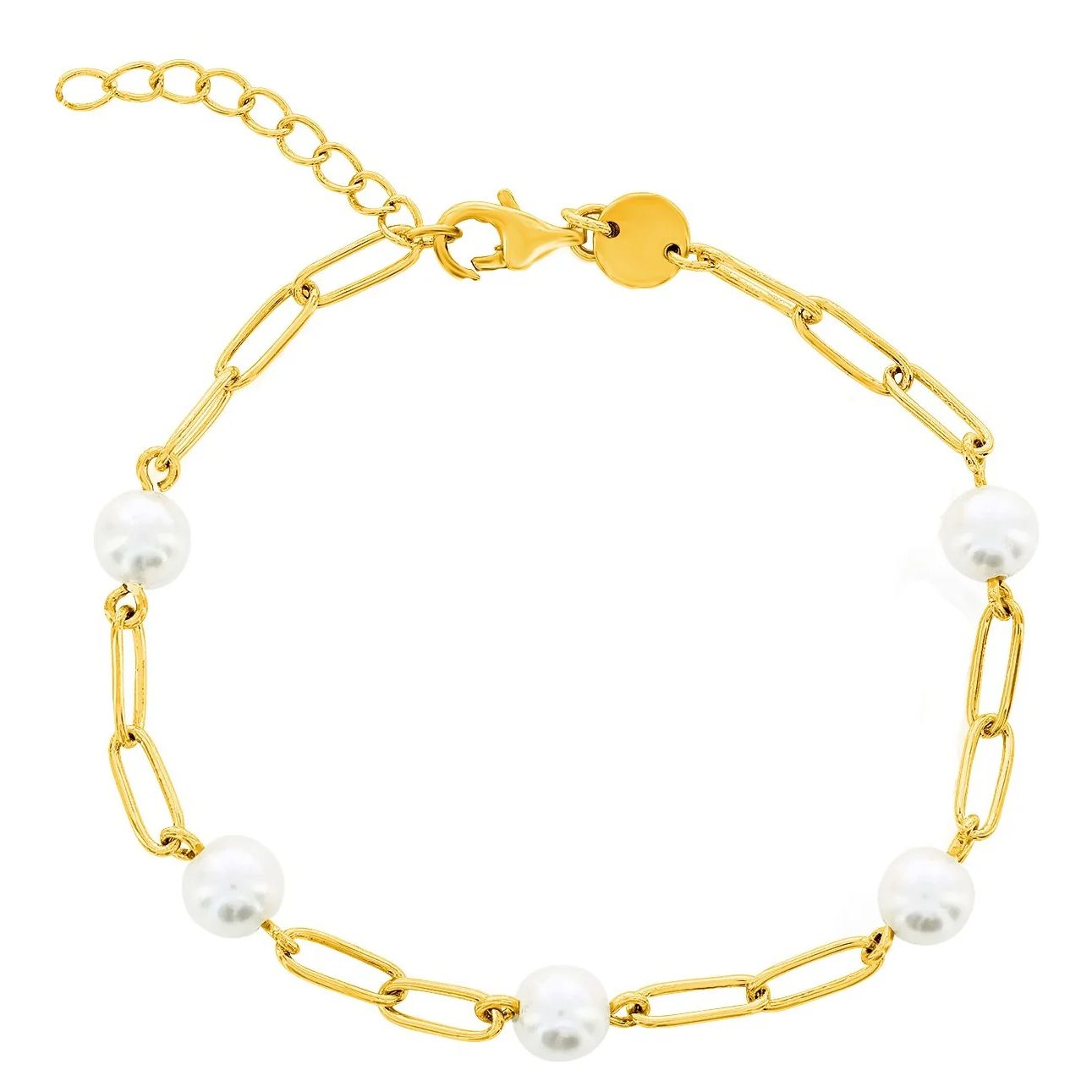 Gold chain bracelet with five evenly spaced pearls, featuring a lobster clasp and an adjustable extension chain.