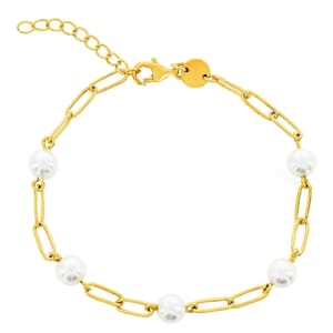 Gold chain bracelet with five evenly spaced pearls, featuring a lobster clasp and an adjustable extension chain.