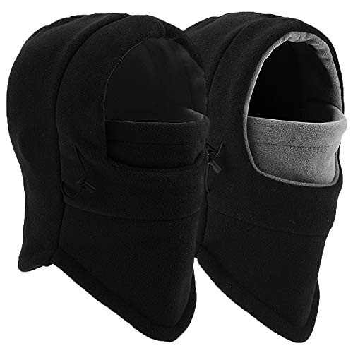 Two black fleece balaclavas with adjustable drawstrings, designed to cover the head, neck, and lower face for warmth.