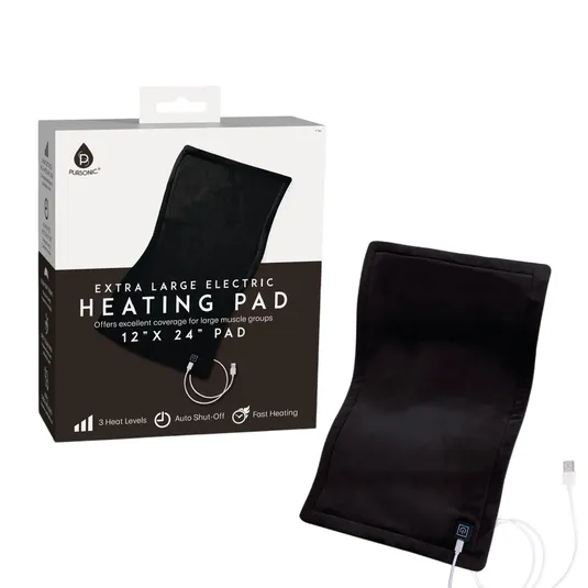 Extra large electric heating pad, 12\“x24\“, featuring three heat levels, auto shut-off, and fast heating, designed for covering large muscle groups.