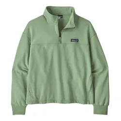 A light green Patagonia quarter-zip pullover with a high collar and ribbed cuffs, featuring the brand logo on the chest.