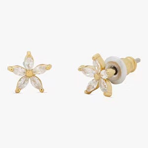 Gold-tone flower-shaped stud earrings with petal-like accents that resemble marquise-cut crystals.